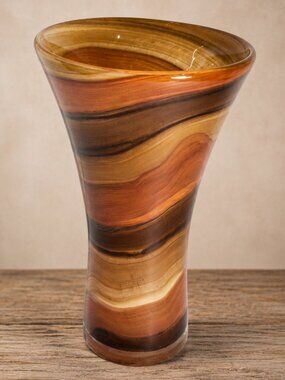 Fall Decor Swirl Art Glass Vase Amber Brown Cream Trumpet Vase 8.5”